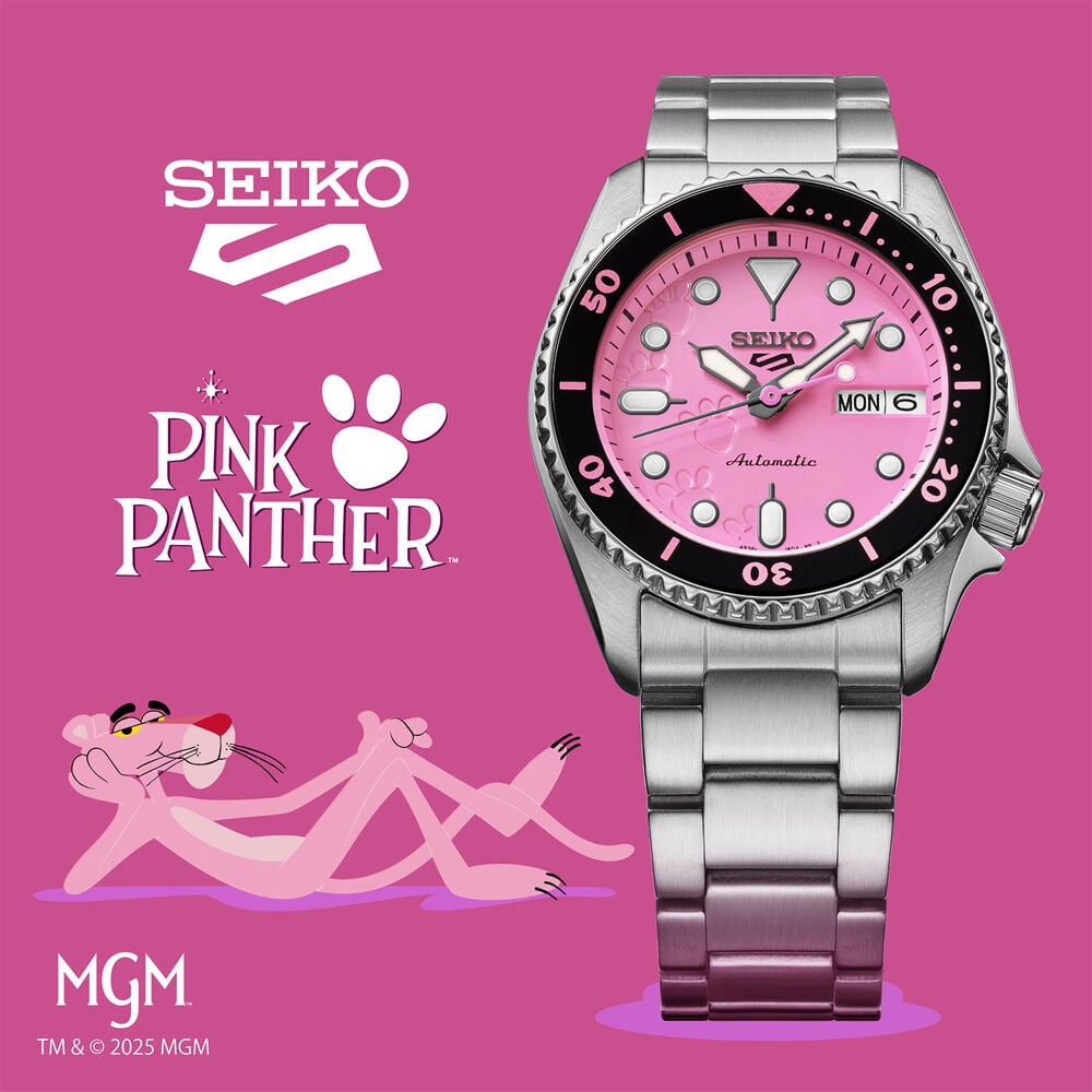 Seiko 5 Sports x Pink Panther Limited Edition 38mm Pink Dial Steel Bracelet Watch