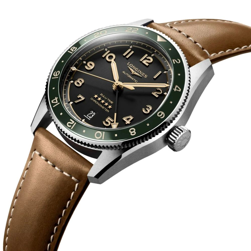 Longines Spirit 39mm Black Dial Stainless Steel & Ceramic Case Leather Strap Watch