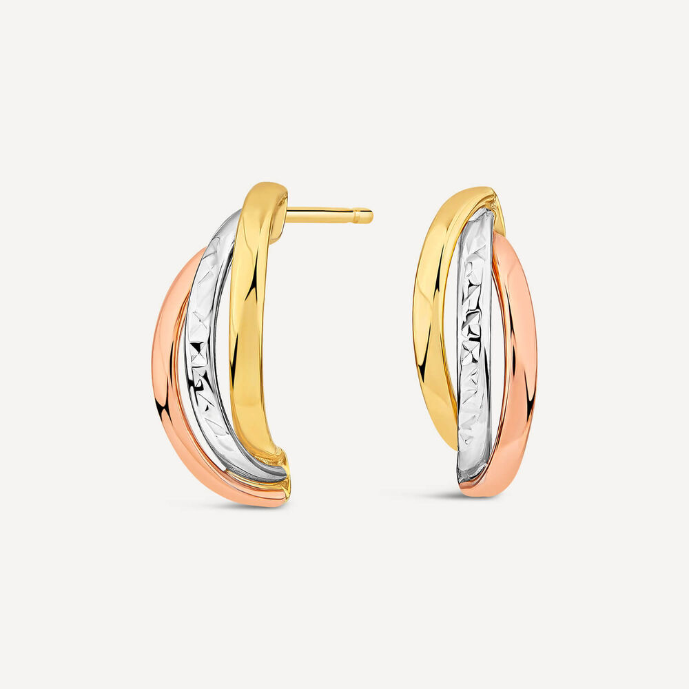 9ct Three Colour Gold Diamond Cut Centre Curve Stud Earrings image number 1