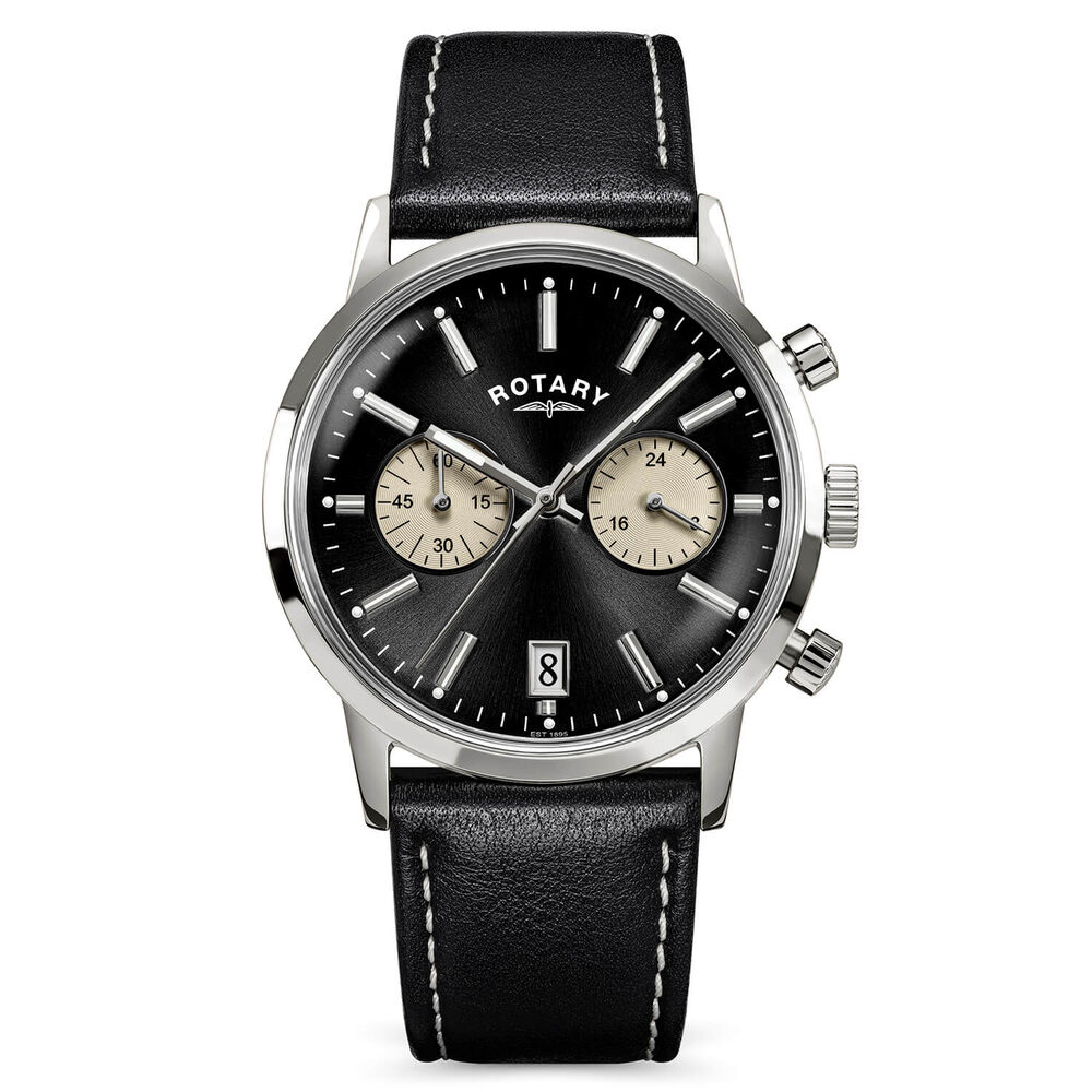 Rotary 1895 Chronograph 38mm Black Dial Leather Strap Watch