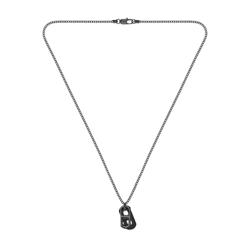 BOSS Kode Black Plated Stainless Steel & Leather Tag Pendant Necklace