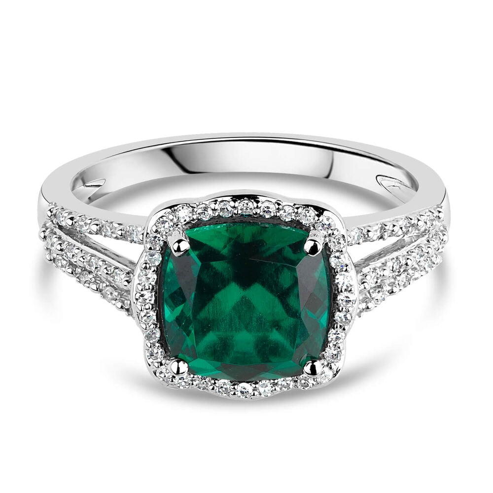 9ct White Gold 0.15ct Diamond and Created Emerald Cushion Halo Ring image number 4
