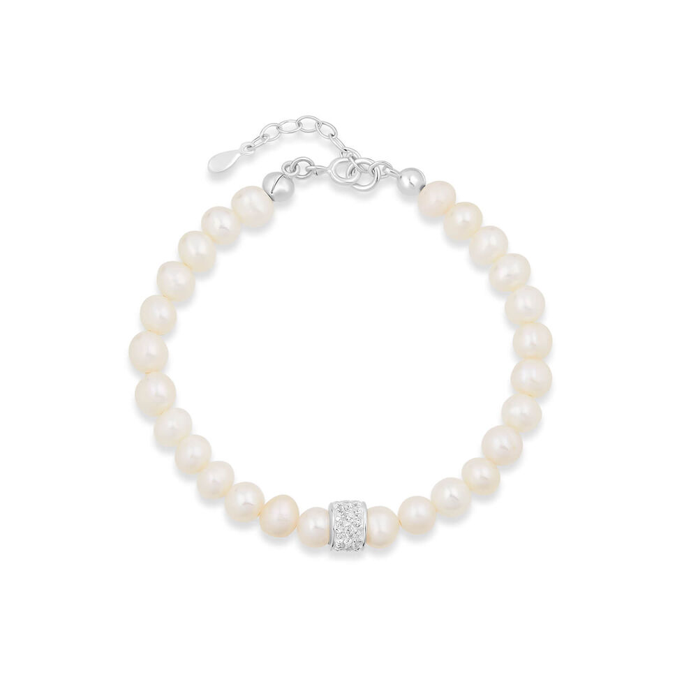 Sterling Silver Freshwater Pearls & Pave Cubic Zirconia Barrel Bracelet image number 0