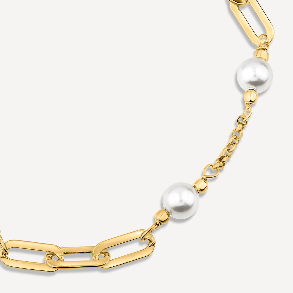 Yellow Gold Plated Sterling Silver Stationed Pearls Paperlink Bracelet