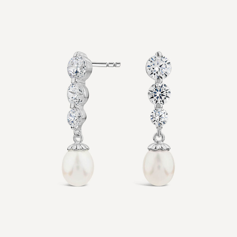 Sterling Silver 3 Cubic Zirconia & Pearl Drop Earrings image number 1