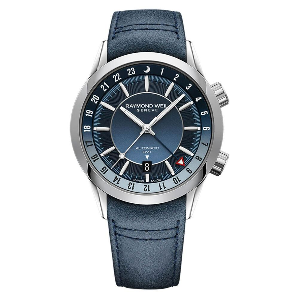 Raymond Weil Freelancer GMT 40.5mm Blue Dial Leather Strap Watch