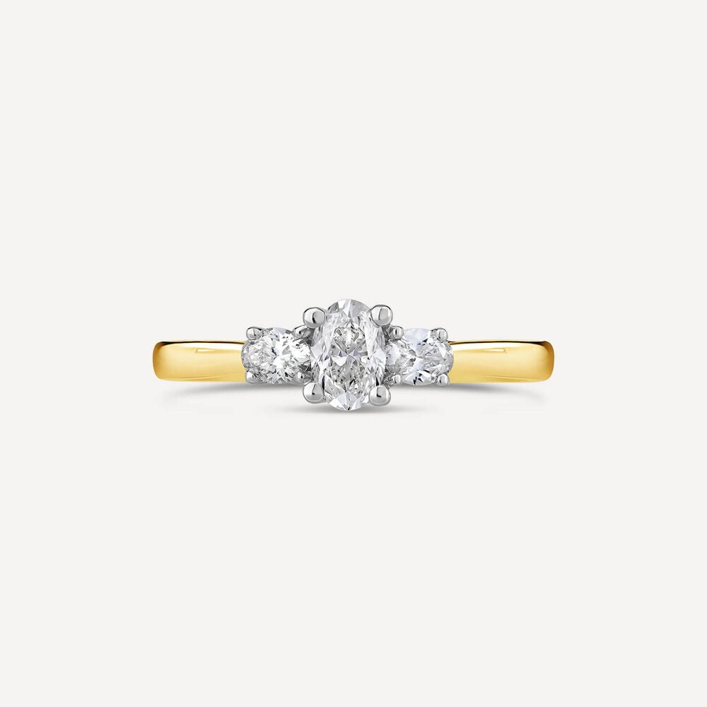 18ct Yellow Gold Three Stone Oval Centered 0.66 Carat Diamond Ring image number 1