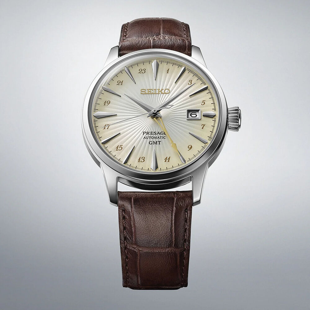 Seiko Presage Cocktail Time 'Acacia' GMT 40.5mm Gradation Yellow Dial Brown Leather Strap Watch image number 3
