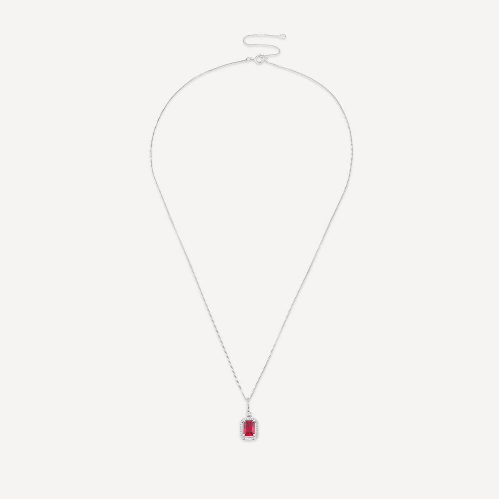 9ct White Gold Rectangular Created Ruby & Diamond Cluster Bale Pendant image number 2