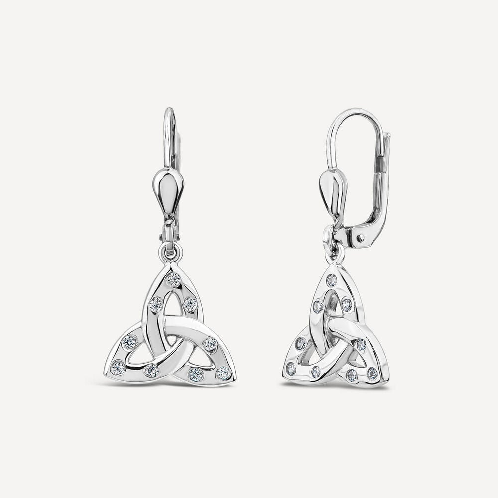 Sterling Silver Flush Set Cubic Zirconia Trinity Knot Drop Earrings image number 1