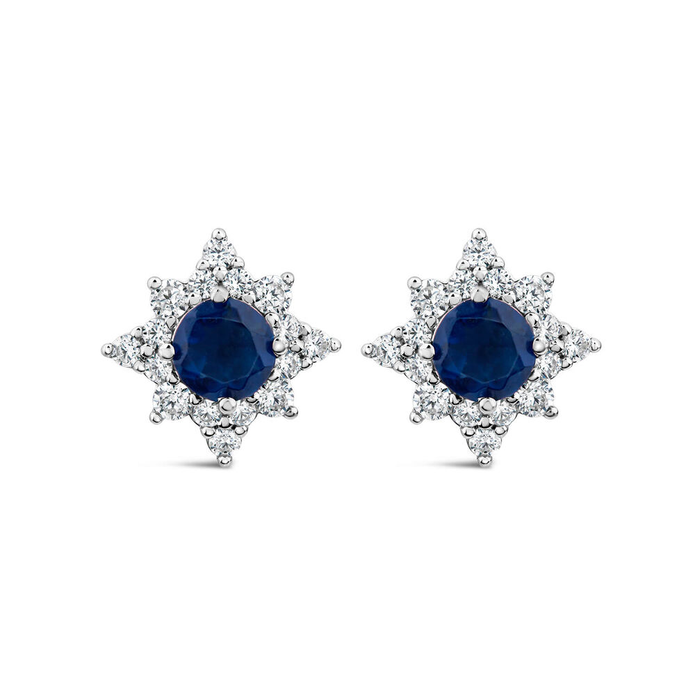 9ct White Gold Sapphire Centre 0.25ct Diamond Cluster Stud Earrings