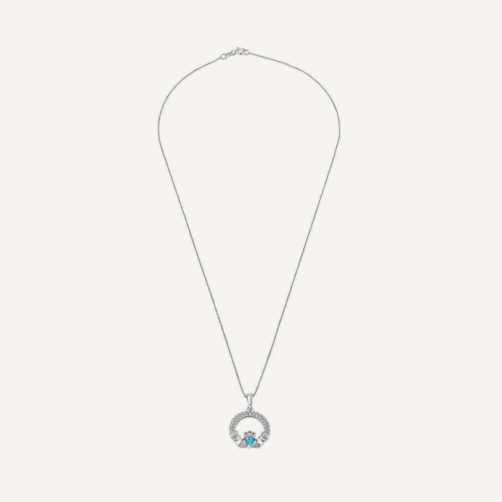 Sterling Silver March Birthstone Pave Cubic Zirconia Claddagh Pendant image number 2