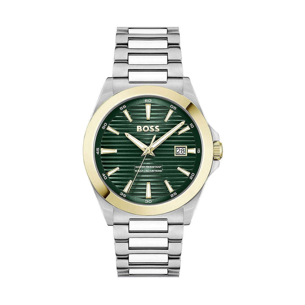 BOSS Strike 41mm Green Textured Dial Gold Tone Bezel Steel Bracelet Watch image number 0