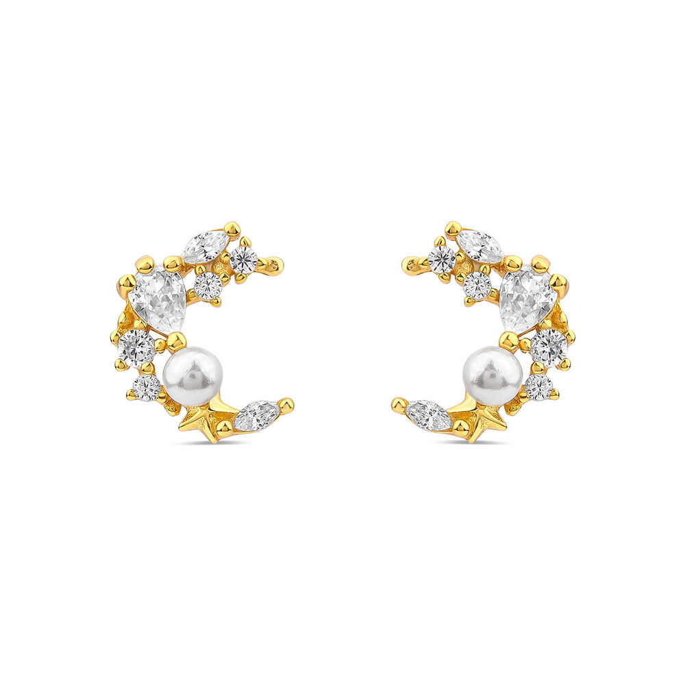 Yellow Gold Plated Sterling Silver Cubic Zirconia & Pearl Half Moon Earrings