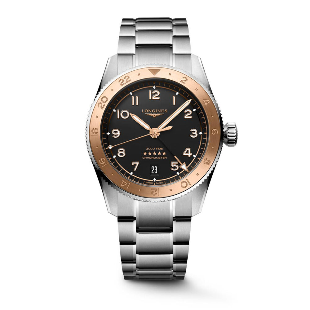 Longines Spirit Zulu Time 1925 39mm Black Dial 18kt Rose Gold Bezel Steel Bracelet Watch image number 0