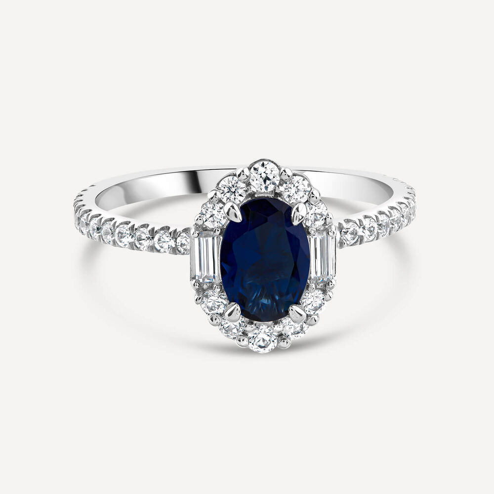 Platinum Sapphire Centre 0.48ct Diamond Halo Baguette & Shoulders Ring image number 2