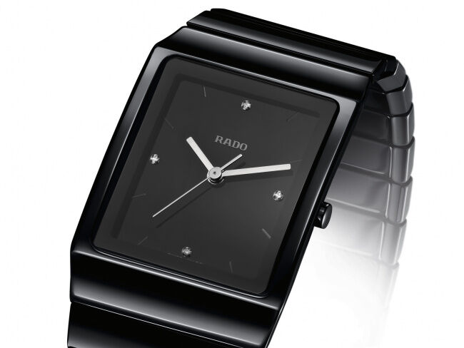 Rado Ceramica Rectangle Diamond Dot Dial Black Ceramic Watch
