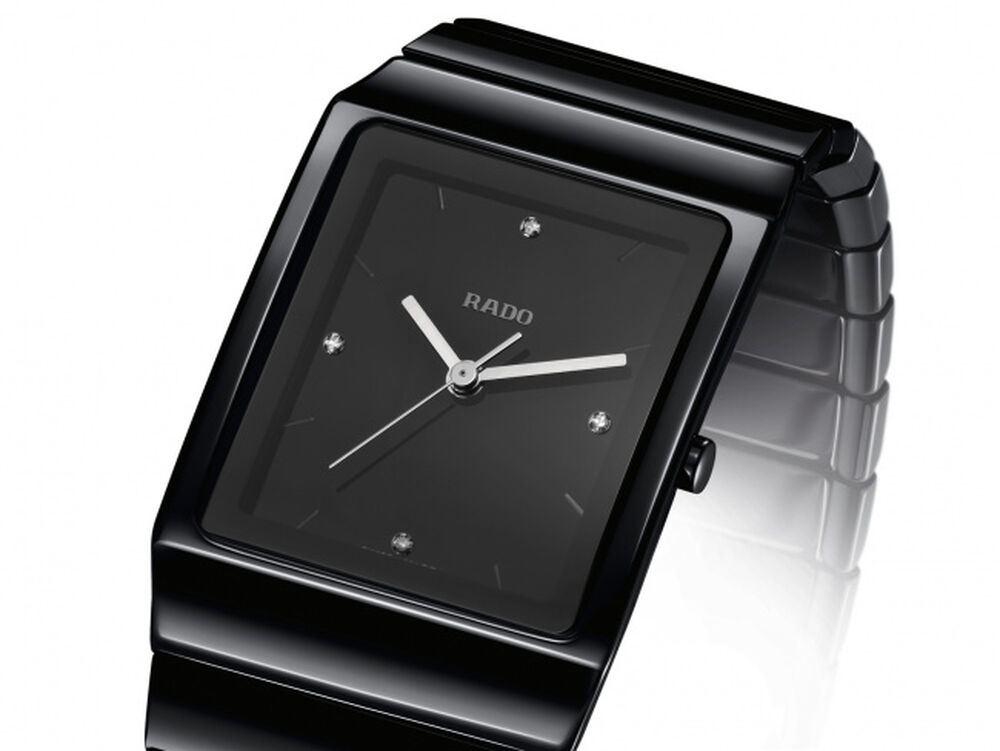 Rado Ceramica Rectangle Diamond Dot Dial Black Ceramic Bracelet Watch