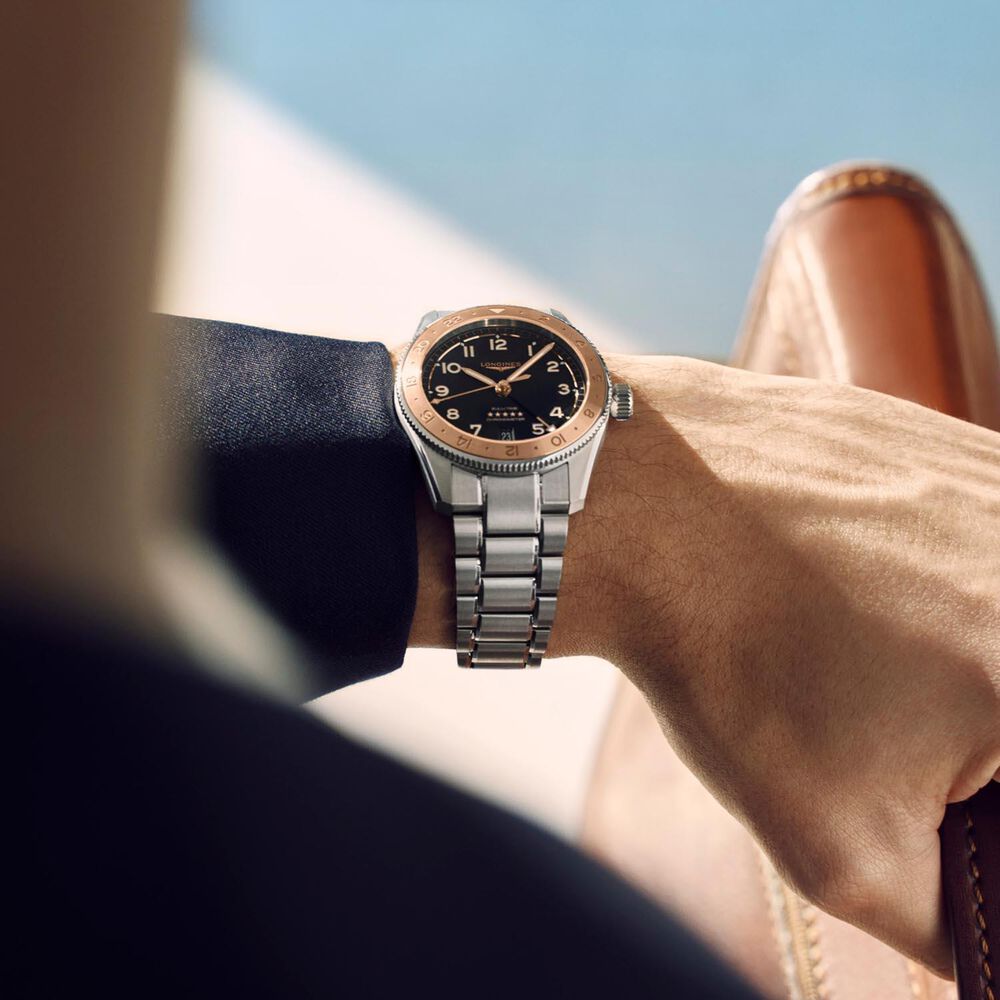 Longines Spirit Zulu Time 1925 39mm Black Dial 18kt Rose Gold Bezel Steel Bracelet Watch image number 9