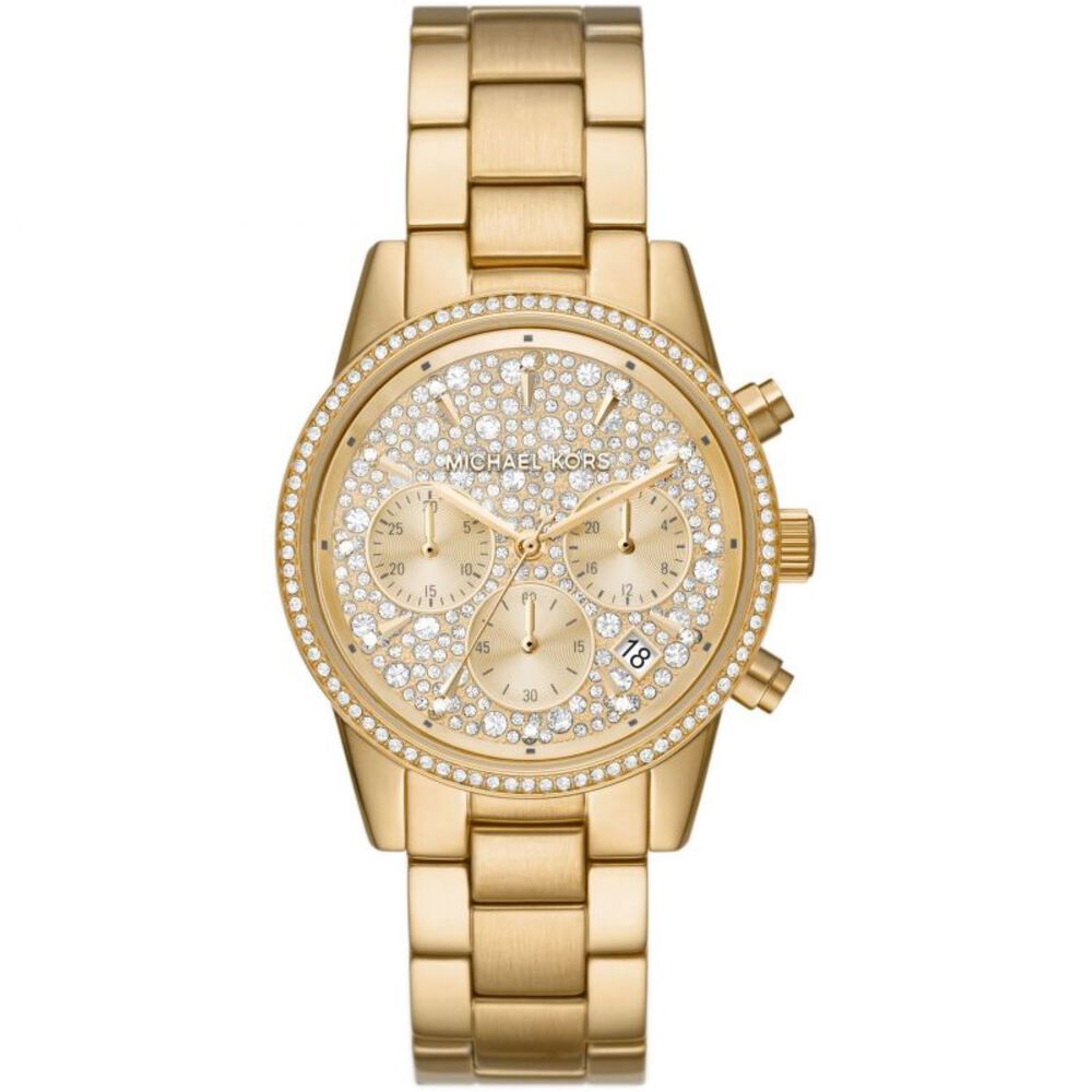 Michael Kors Ritz 37mm Chrono Cubic Zirconia Dial Yellow Gold PVD Case Watch image number 0