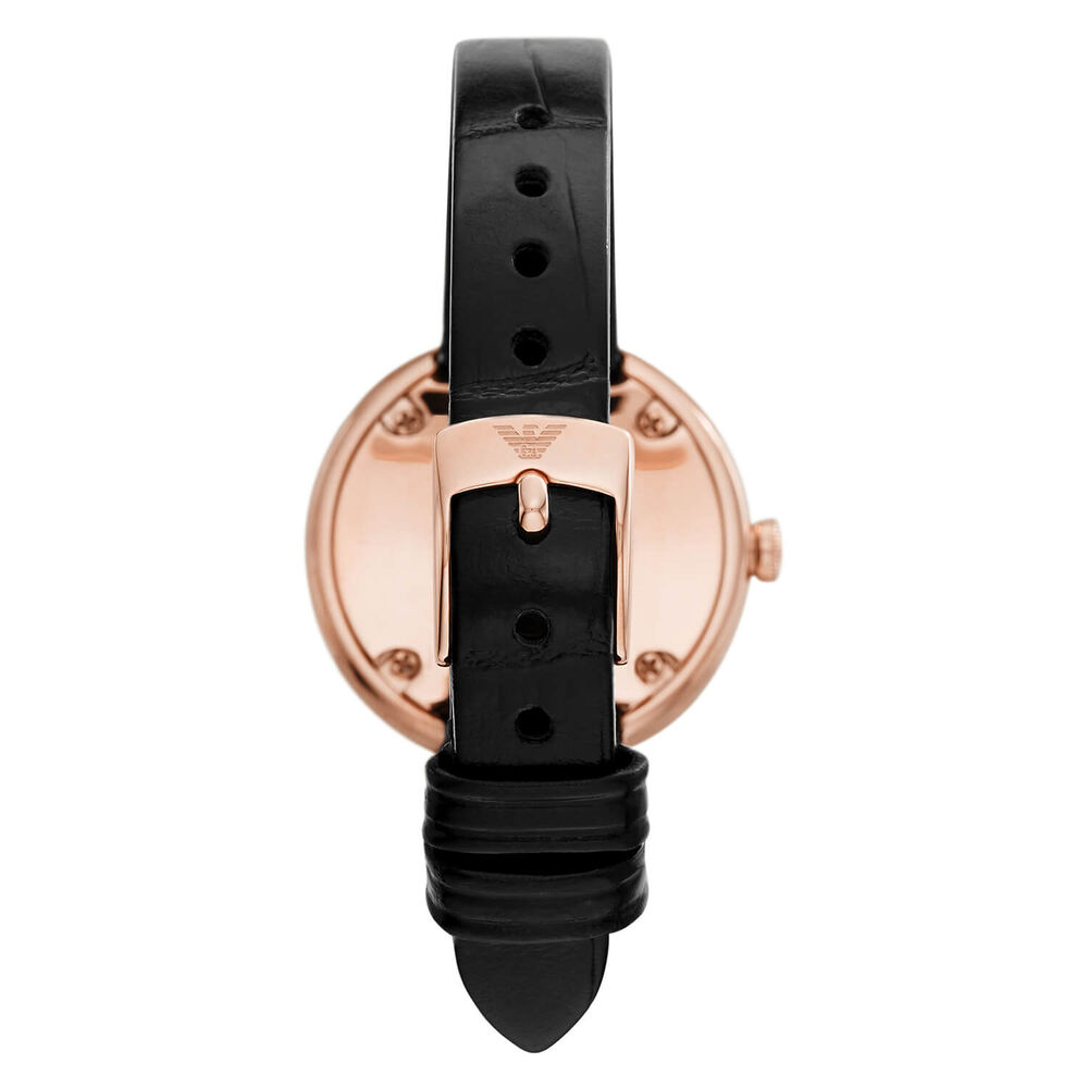 Emporio Armani Rosa 30mm White Mother of Peral Dial Rose Gold Bezel Cubic Zirconia Set Black Strap Watch image number 5
