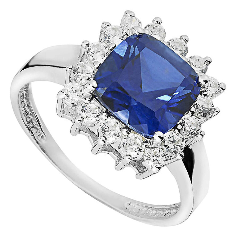 9ct White Gold  Cushion Created Sapphire Cubic Zirconia Ring