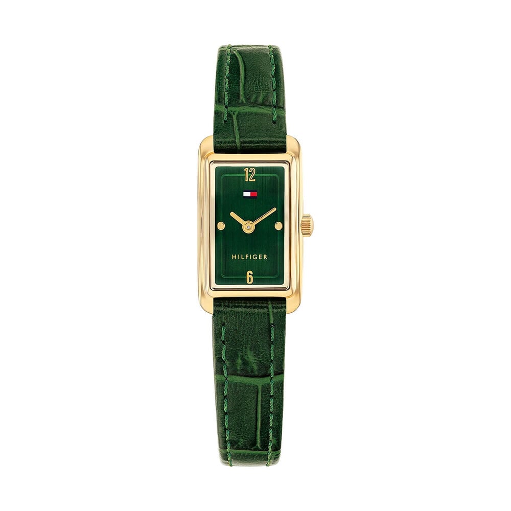 Tommy Hilfiger Maddison 16 x 22mm Green Dial Yellow Gold Plated Case Green Leather Strap Watch