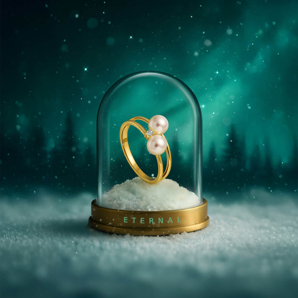 9ct Yellow Gold Diamond & Two Freshwater Pearls Double Band Ring image number 3