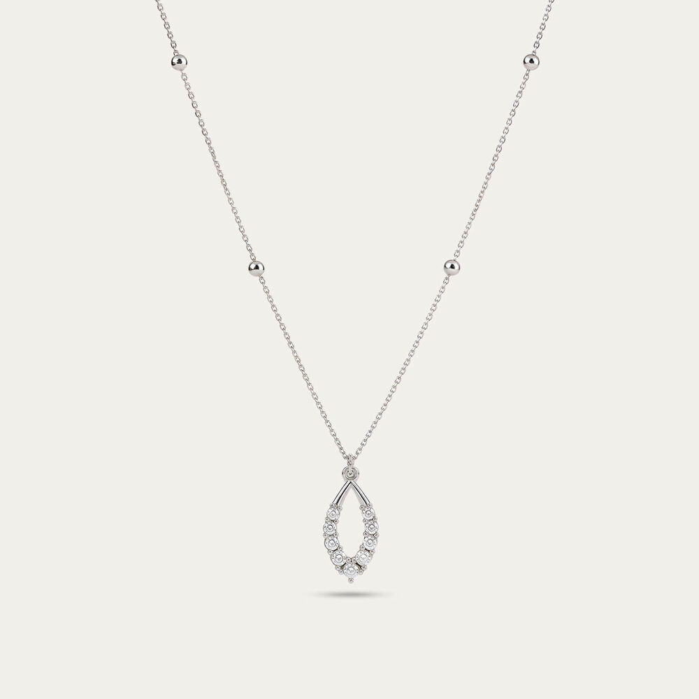 9ct White Gold Beaded Chain Open Oval Cubic Zirconia Set Pendant