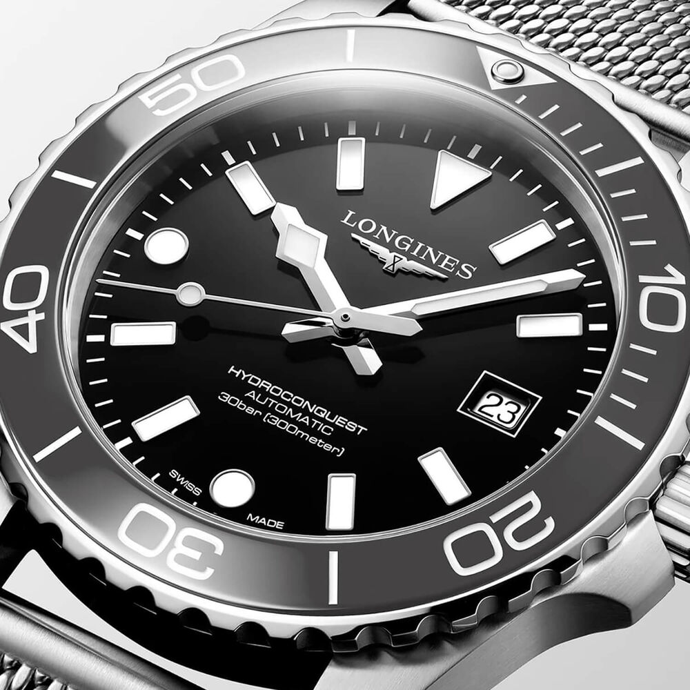 Longines HydroConquest 42mm Black Dial Grey Bezel Steel Bracelet Watch
