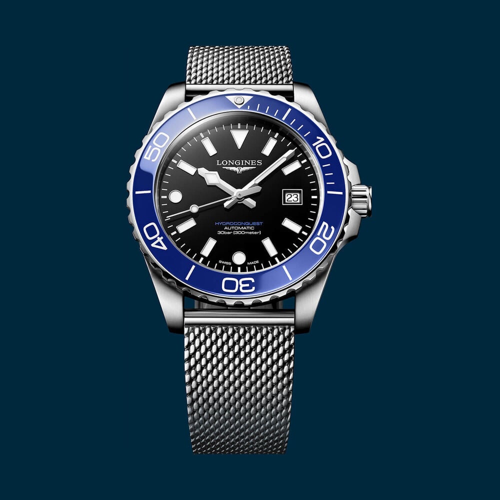 Longines HydroConquest 42mm Black Dial Blue Bezel Steel Bracelet Watch
