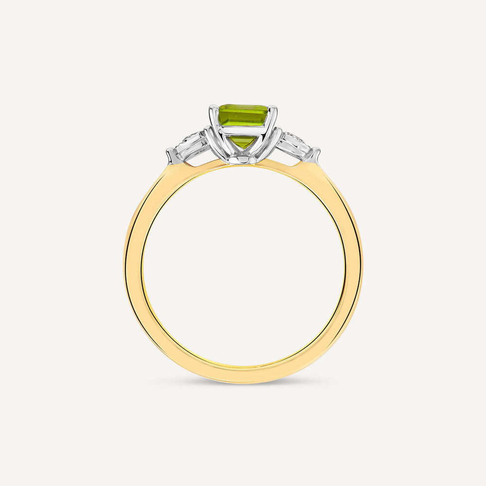 9ct Yellow Gold Emerald Cut Peridot 0.12ct Diamond Sides Ring image number 3
