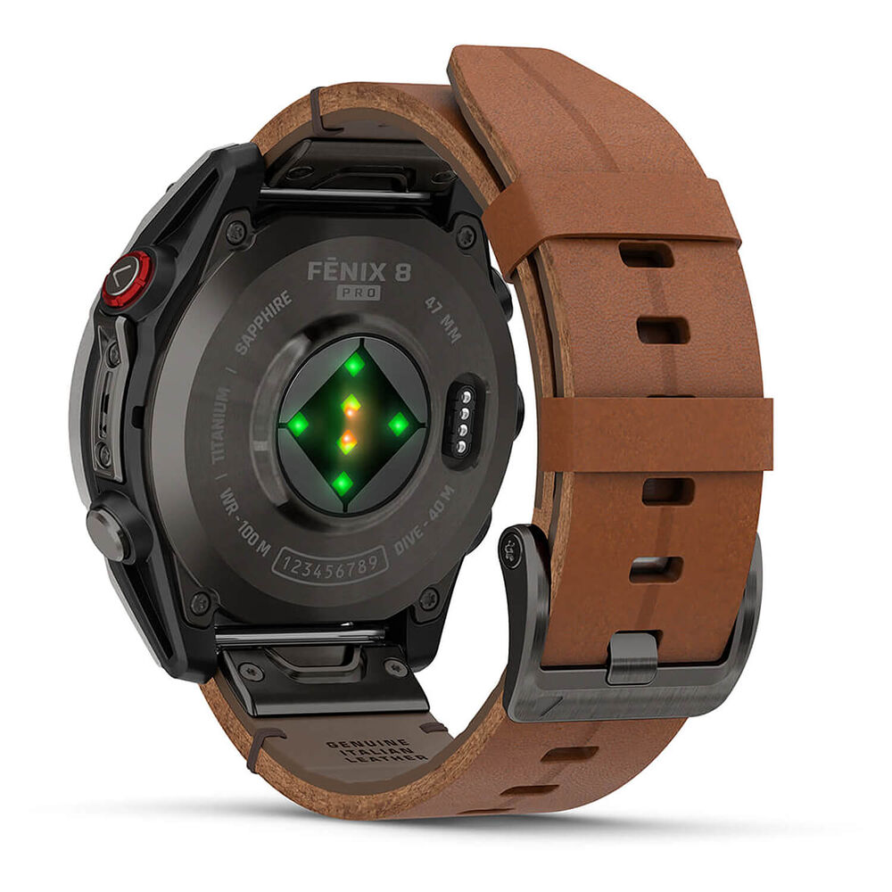 Garmin fenix 8 Pro AMOLED 47mm Carbon Grey DLC Titanium Case Brown Leather Strap Watch image number 4