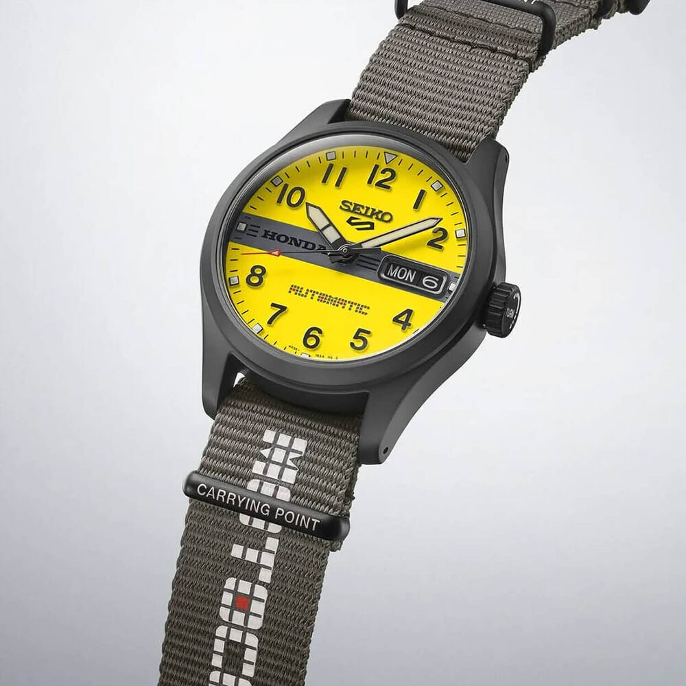 Seiko 5 Sports x Honda Motocompo Limited Edition 36.4mm Yellow Dial Black Nylon Strap Watch