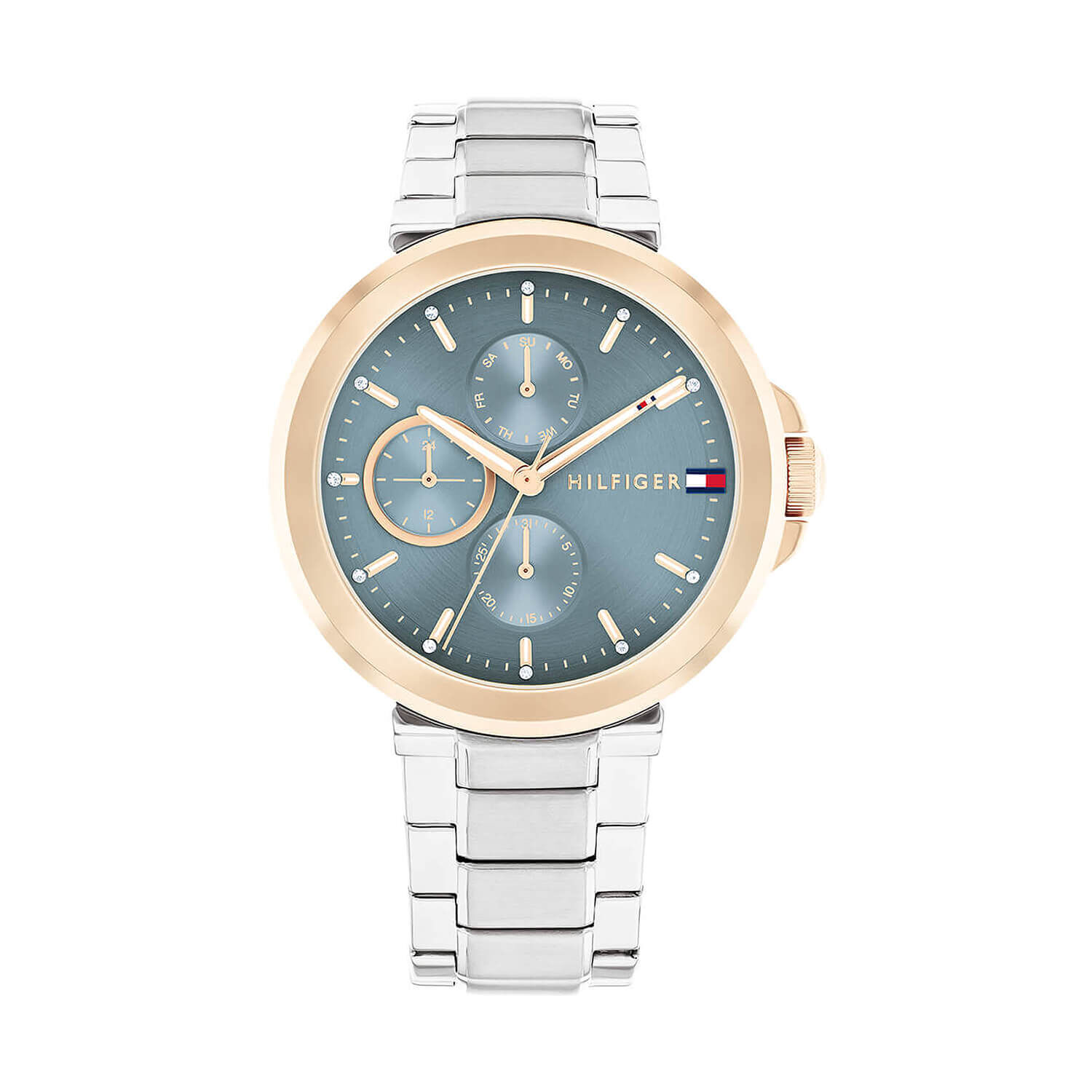 Tommy Hilfiger 38mm Blue Dial Rose Gold Tone Case Stainess Steel Bracelet Watch