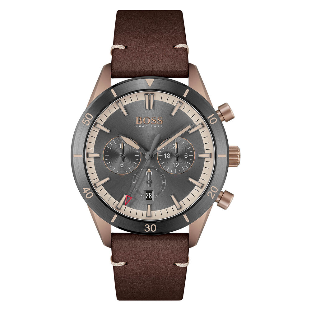 BOSS Santiago 44mm Chronograph Gray Dial Bronz IP Case Brown Strap Watch