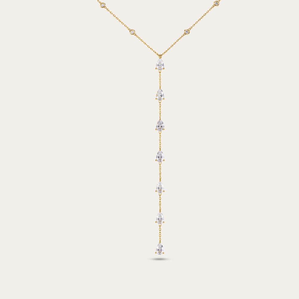 Yellow Gold Plated Sterling Silver Pear Cubic Zirconia Y Drop Necklet
