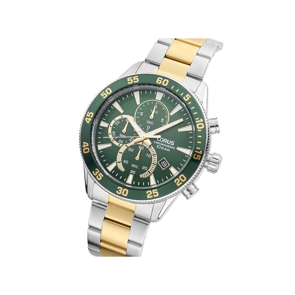 Lorus Quartz Chronograph 45mm Green Dial Two-Tone Steel Bracelet Watch