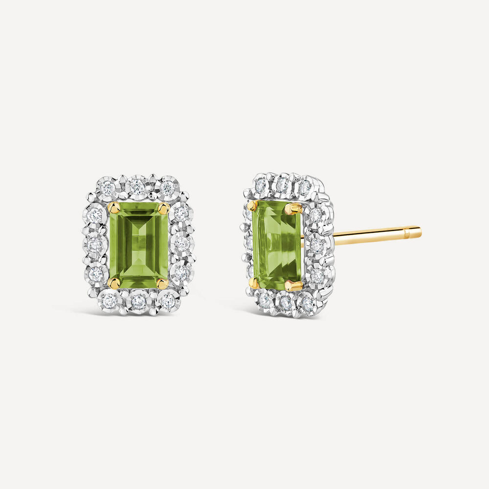 9ct Yellow Gold Peridot 0.11ct Diamond Halo Stud Earrings image number 1