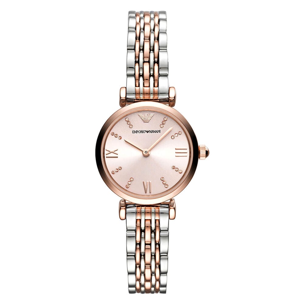 Emporio Armani Gianni T-Bar 28mm Rose Dial Two Tone Steel Bracelet Watch