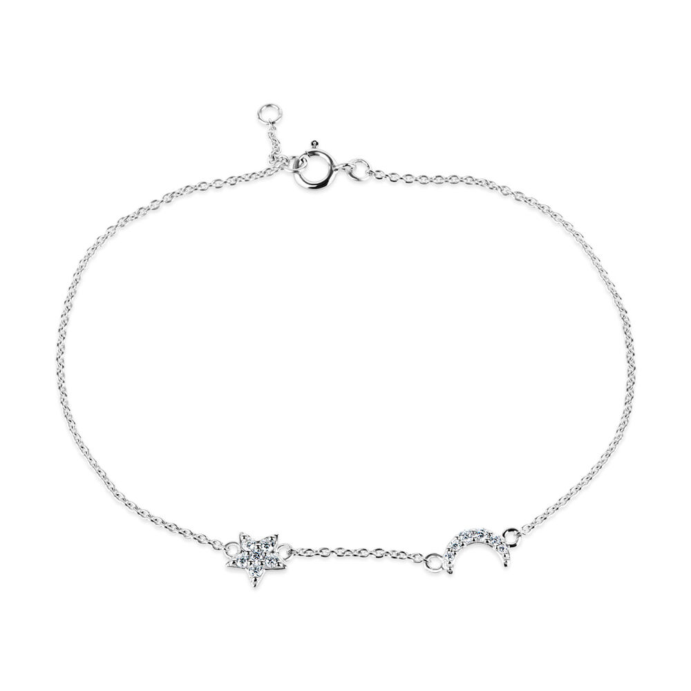 Sterling Silver Cubic Zirconia Moon & Star Bracelet image number 0