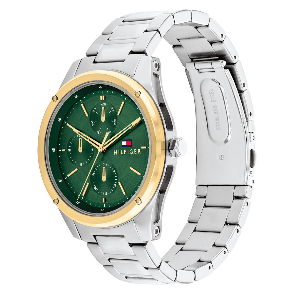 Tommy Hilfiger 43.5mm Green Dial Yellow Gold Bezel Steel Bracelet Watch