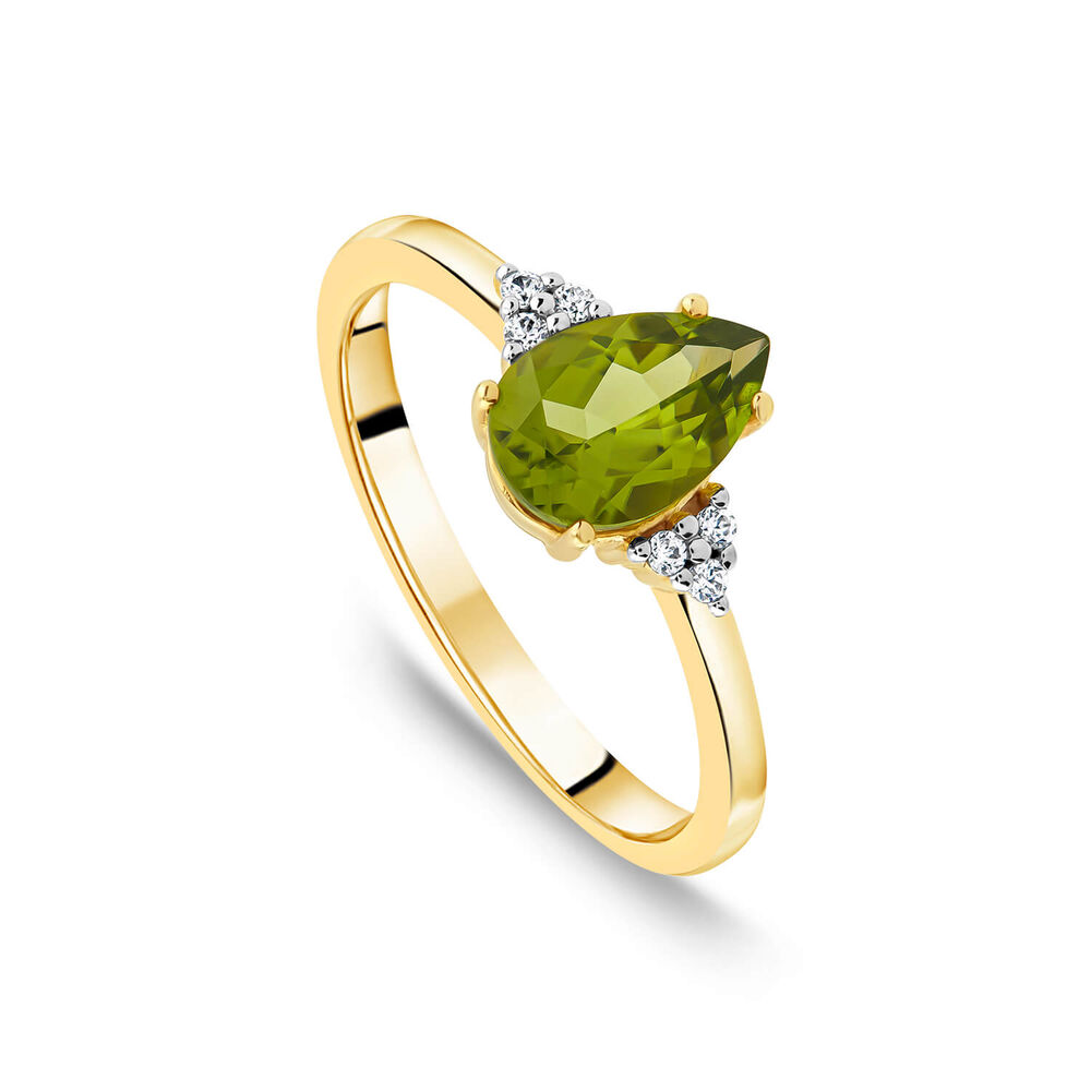 9ct Yellow Gold Pear Peridot & Trefoil 0.05ct Diamond Ring