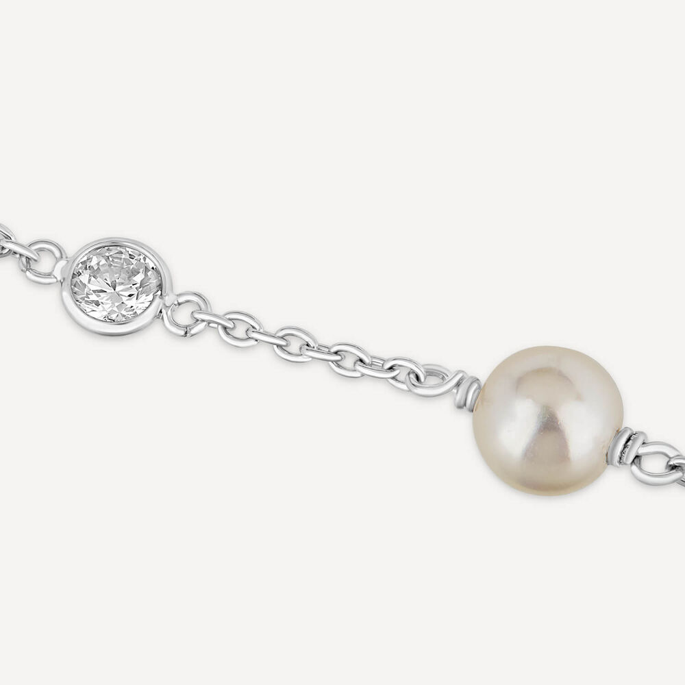 Sterling Silver Pearl and Round Over Cubic Zirconia Chain Bracelet image number 2