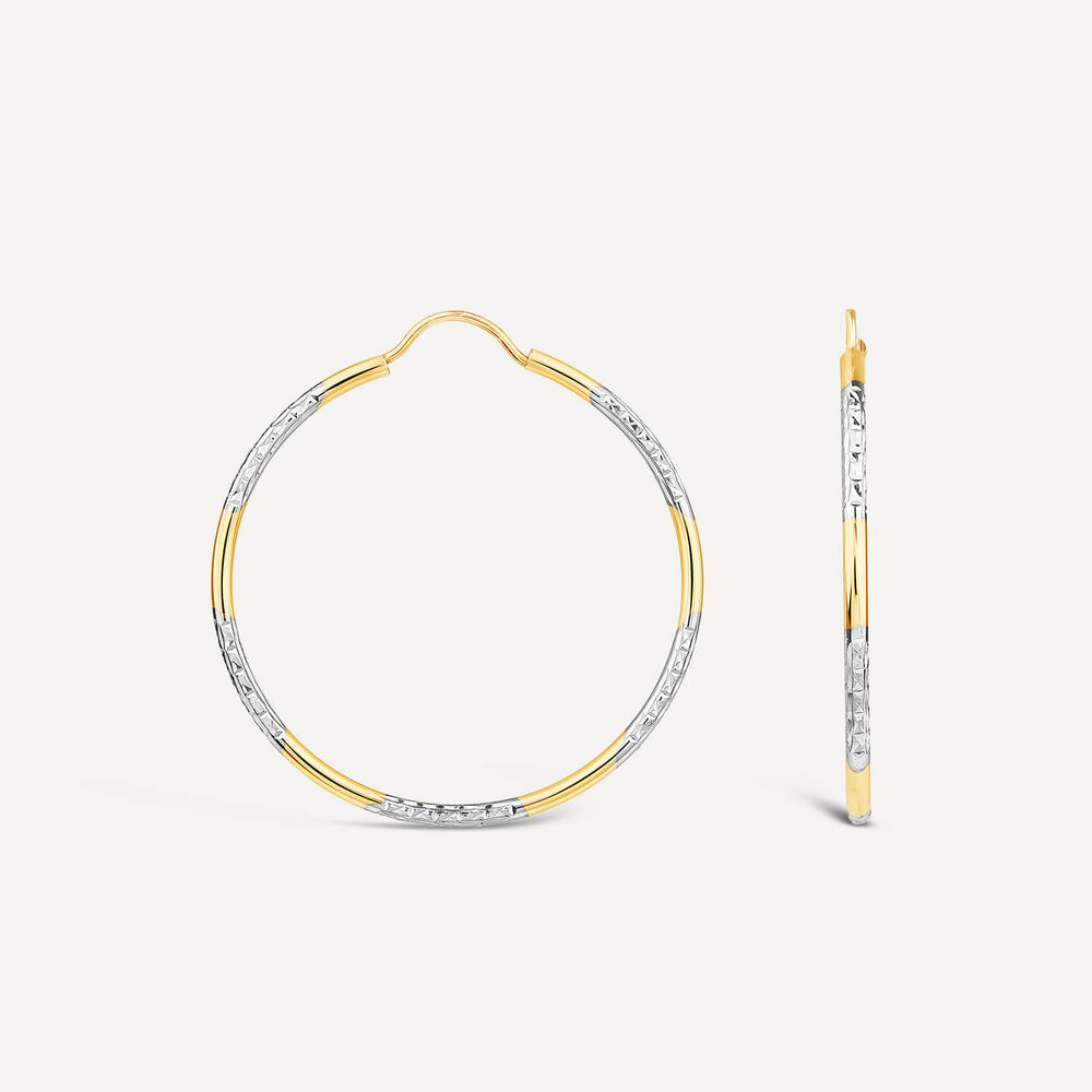 9ct Yellow & White Gold 30mm Diamond Cut & Polished Hoop Earrings