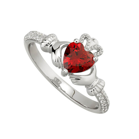Sterling Silver Claddagh Birthstone January Cubic Zirconia Shoulder Set Ring
