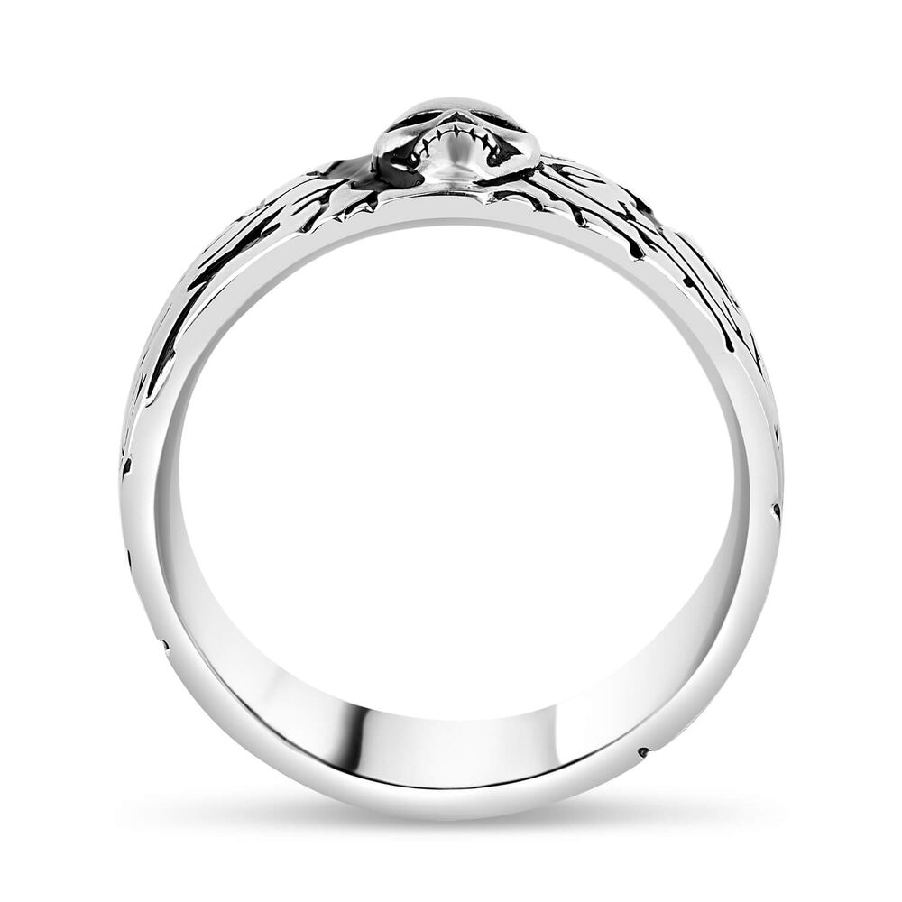 Sterling Silver Rhodium Plated 9.3mm Skull and Cross Men's Ring image number 2