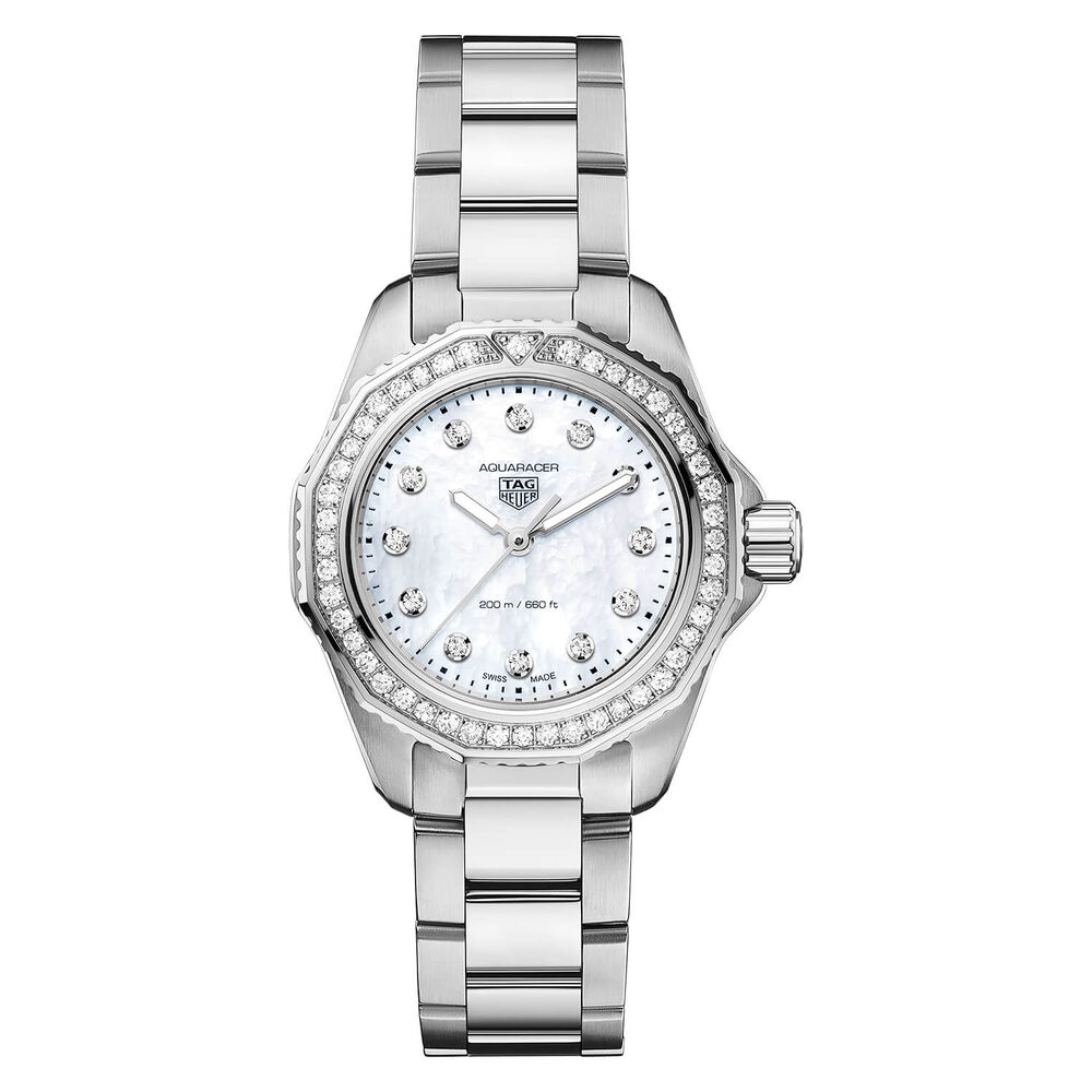 TAG Heuer Aquaracer Professional 200 Quartz 30mm Mother of Pearl Diamond Dot Dial Bezel Steel Case Bracelet Watch
