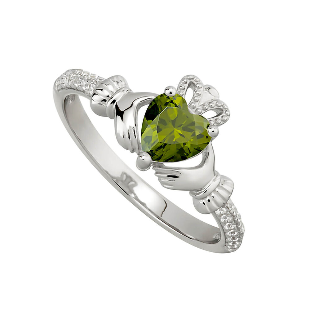 Sterling Silver Claddagh Birthstone August Cubic Zirconia Shoulder Set Ring