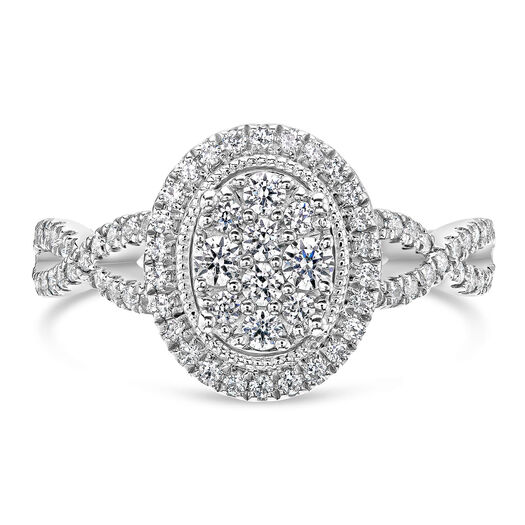 Kathy De Stafford 18ct White Gold '''Ali'' Oval Cluster Halo & Twist Pave Shoulders 0.50ct Ring